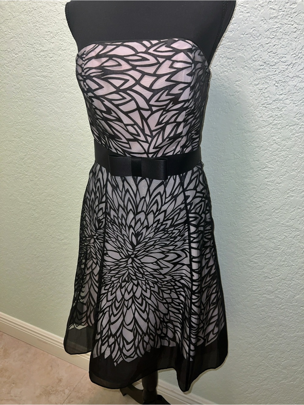 White House Black Market Strapless Pink Dress with Black Floral Overlay